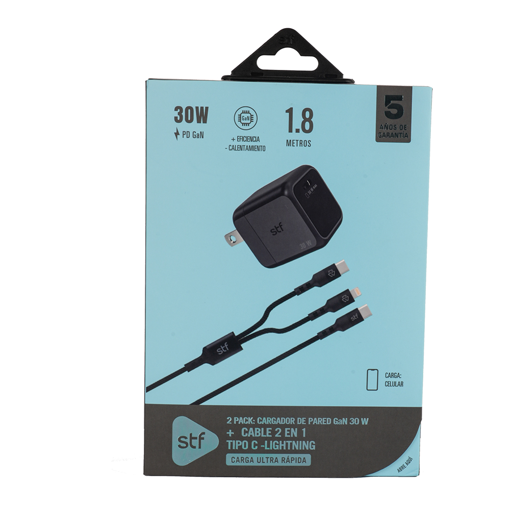 Kit Cargador de pared + Cable 2 en 1 STF Carga ultra rápida 3A 1.8m Tipo C-Lightning 60W