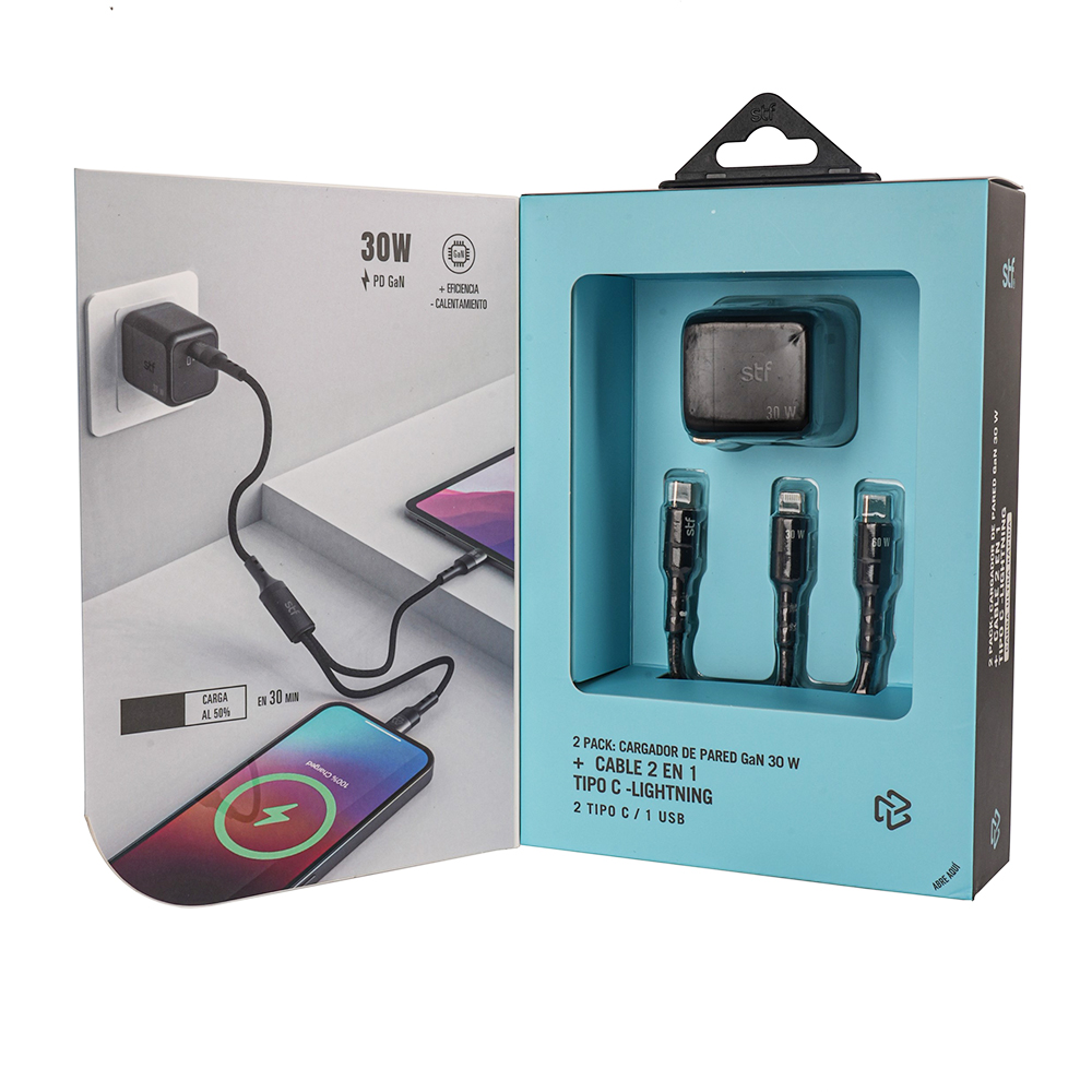 Kit Cargador de pared + Cable 2 en 1 STF Carga ultra rápida 3A 1.8m Tipo C-Lightning 60W