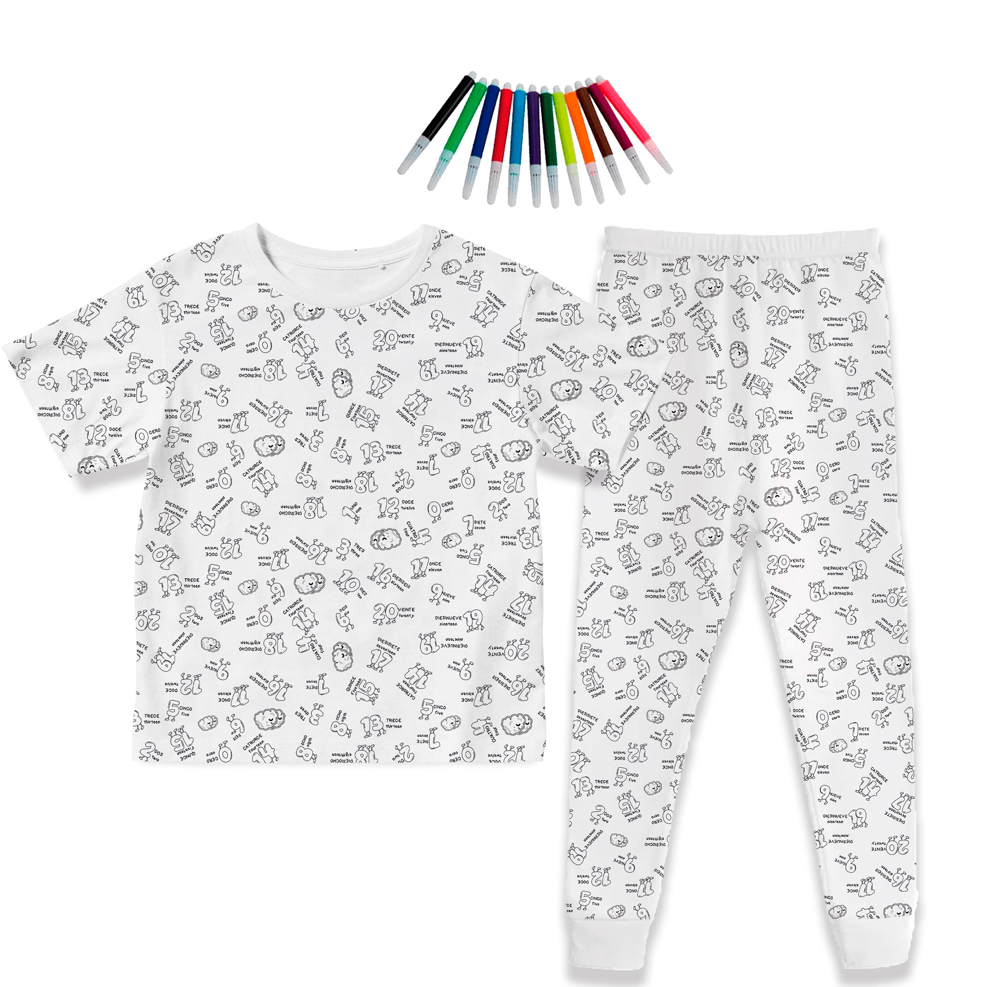 Pijama de Niños Para Colorear/Dibujar Unisex De Números Bilingüe Didáctico Coloreable Plumones Incluidos