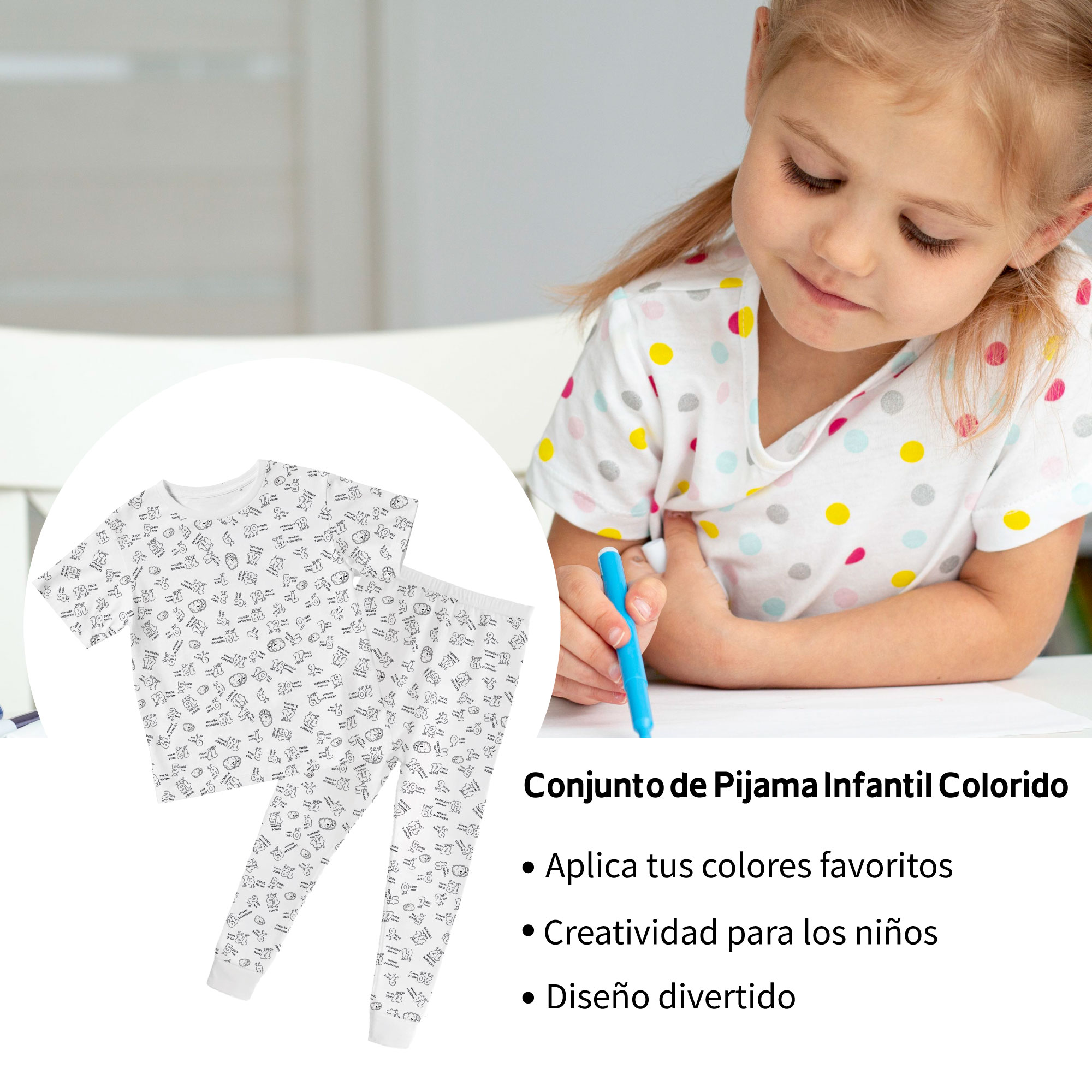 Pijama de Niños Para Colorear/Dibujar Unisex De Números Bilingüe Didáctico Coloreable Plumones Incluidos