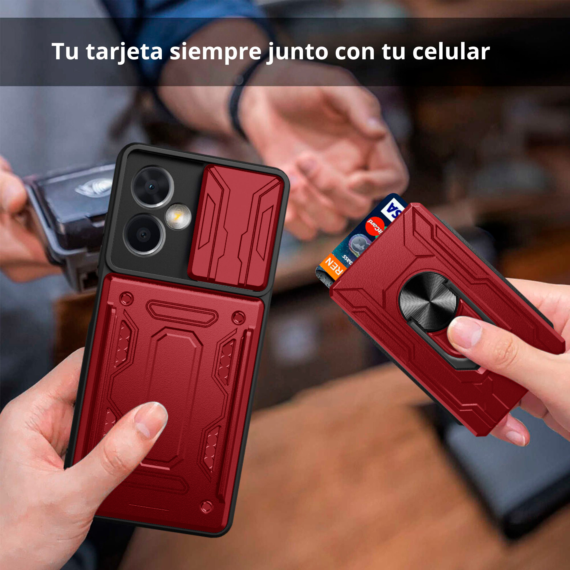 Funda Uso Rudo Tarjetero y Anillo Card Slot Bumper Rojo Para Reno 11F 5G