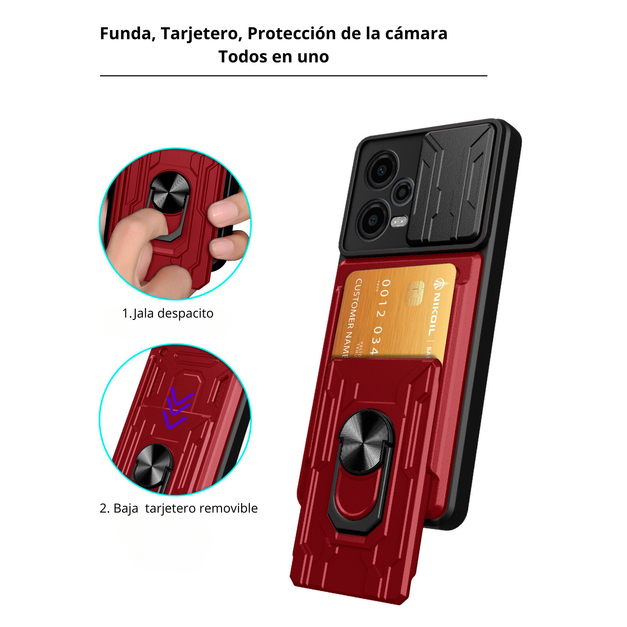 Funda Uso Rudo Tarjetero y Anillo Card Slot Bumper Rojo Para Reno 11F 5G