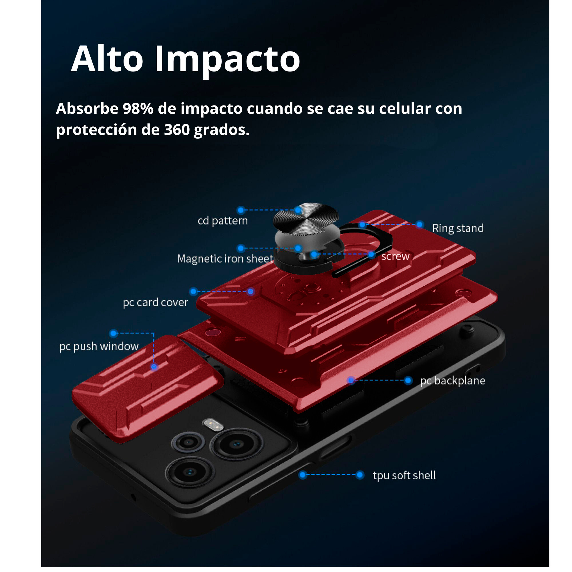 Funda Uso Rudo Tarjetero y Anillo Card Slot Bumper Rojo Para Reno 11F 5G