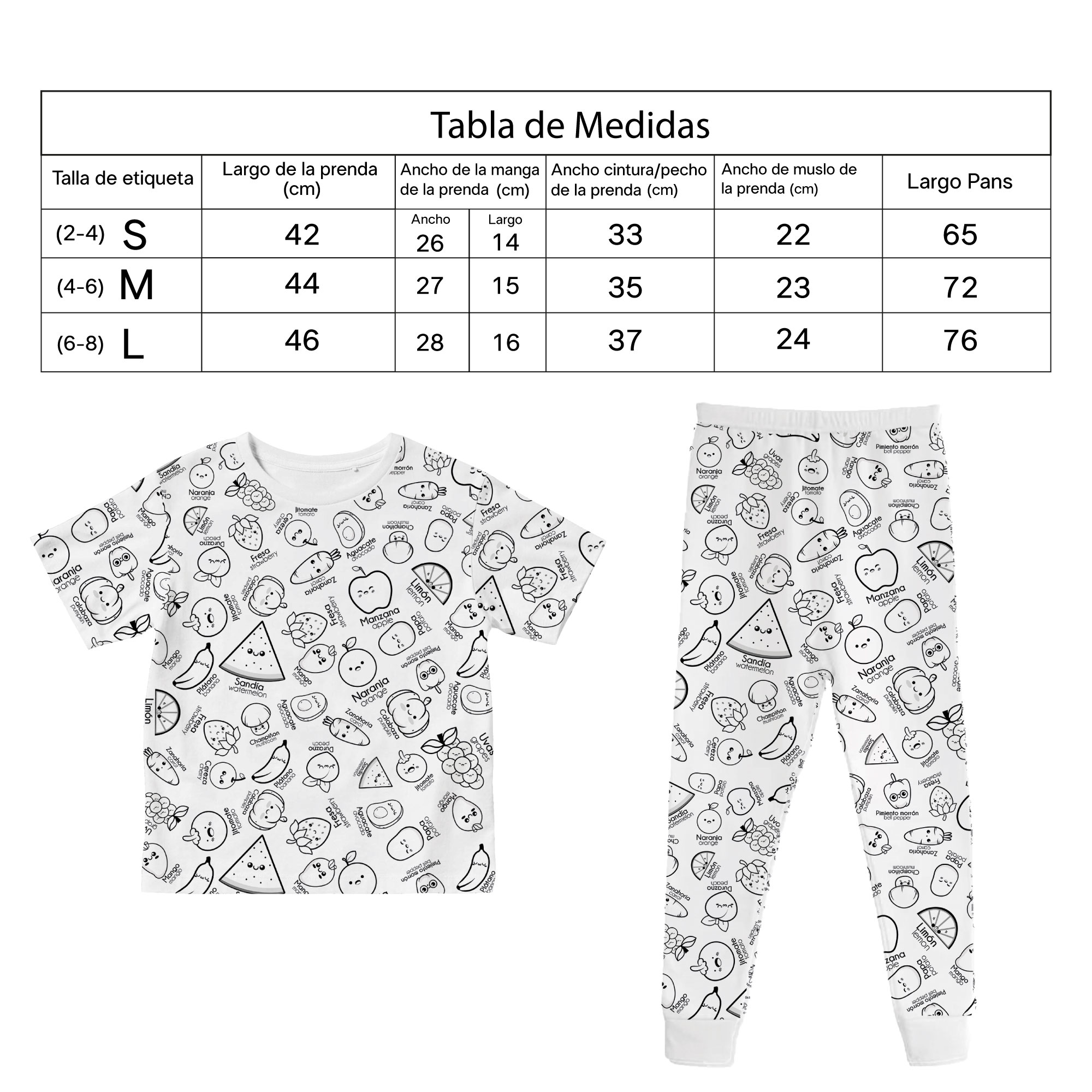 Pijama de Niños Para Colorear/Dibujar Unisex De Frutas y Verduras Bilingüe Didáctico Coloreable Plumones Incluidos