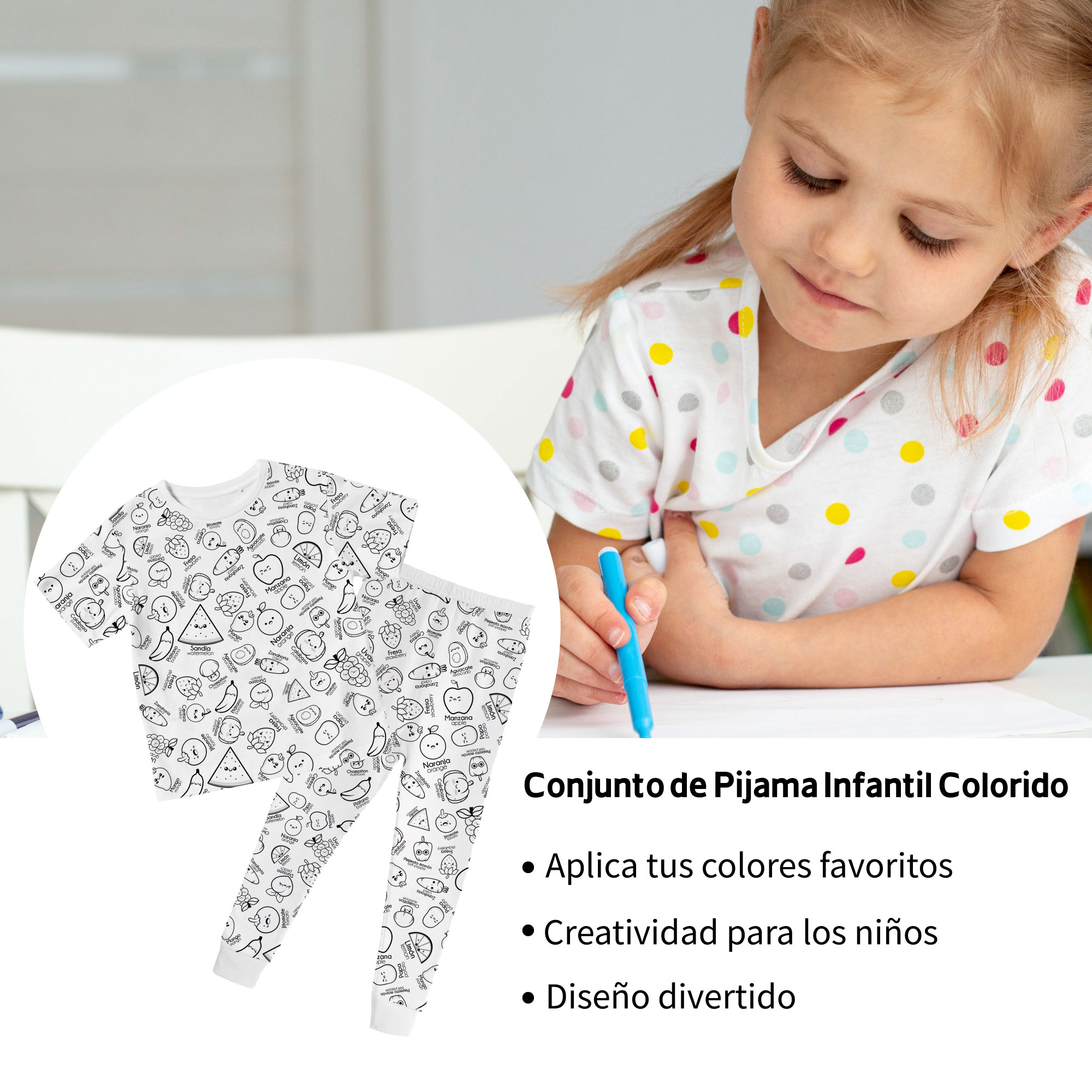 Pijama de Niños Para Colorear/Dibujar Unisex De Frutas y Verduras Bilingüe Didáctico Coloreable Plumones Incluidos