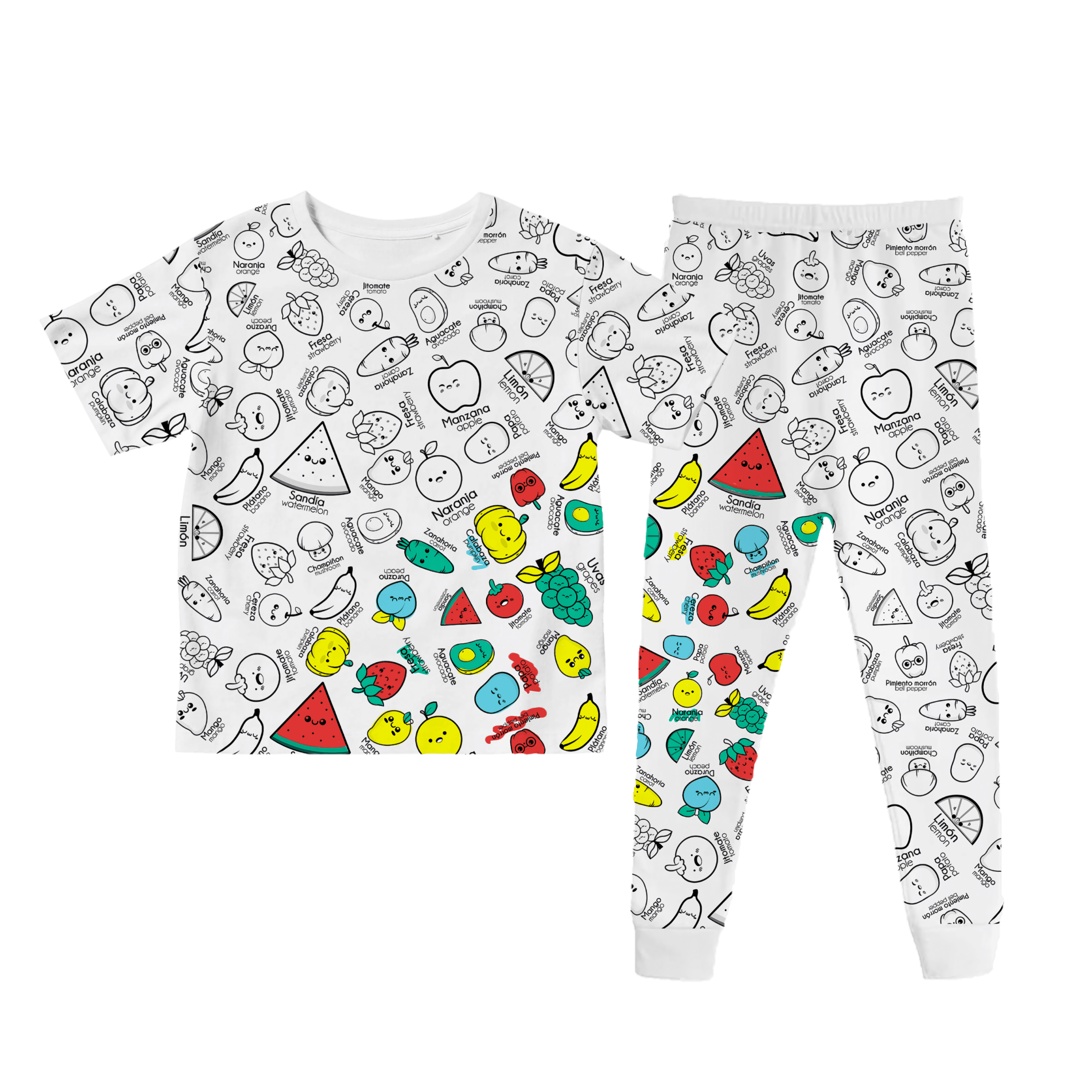 Pijama de Niños Para Colorear/Dibujar Unisex De Frutas y Verduras Bilingüe Didáctico Coloreable Plumones Incluidos