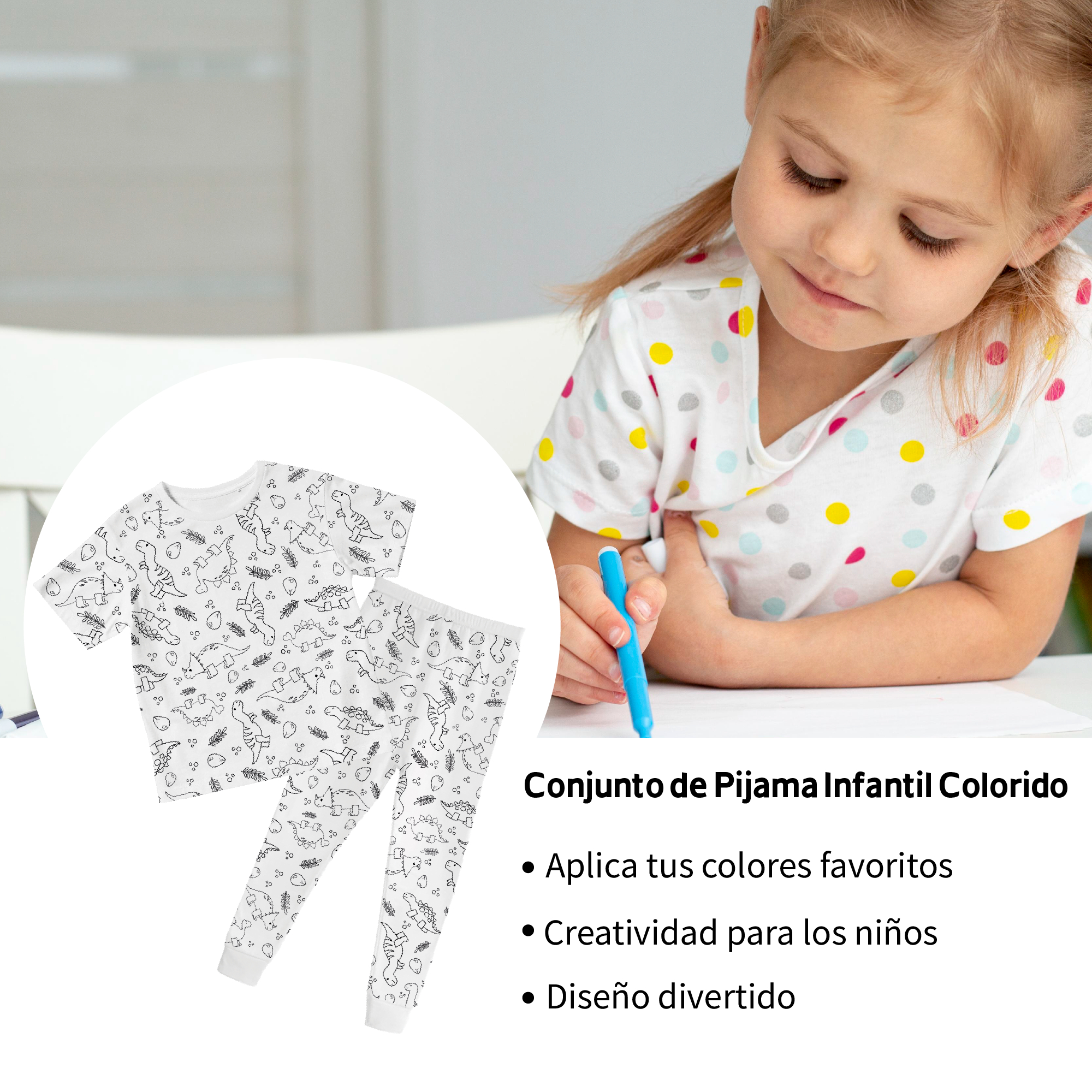 Pijama de Niños Para Colorear/Dibujar Unisex De Dinosaurios Bilingüe Didáctico Coloreable Plumones Incluidos