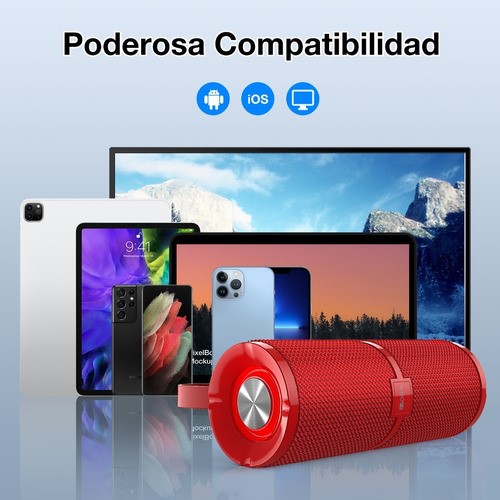 Bocina Bluetooth 5.1 Portátil 1Hora BOC060 Inalámbrico con Sonido Estéreo HD Reproducción Manos Libres 2400mAh 3.5mm Rojo