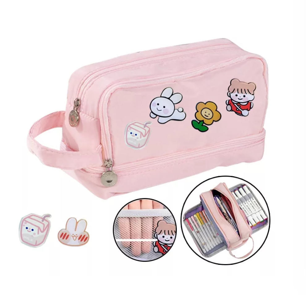 Estuche Para Lápices De Gran Capacidad Con 3 Compartimentos Rosa