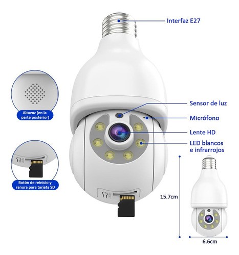 Cámara De Seguridad Foco Hd 1080p Wifi Exterior/interior360º blanco