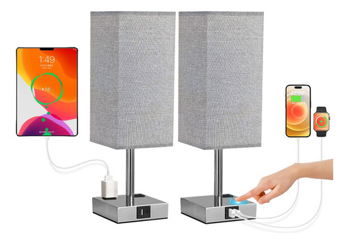 Luz Nocturna Táctil De Escritorio Usb A+c Y Toma De Ca 2pack Estructura Gris Pantalla Gris