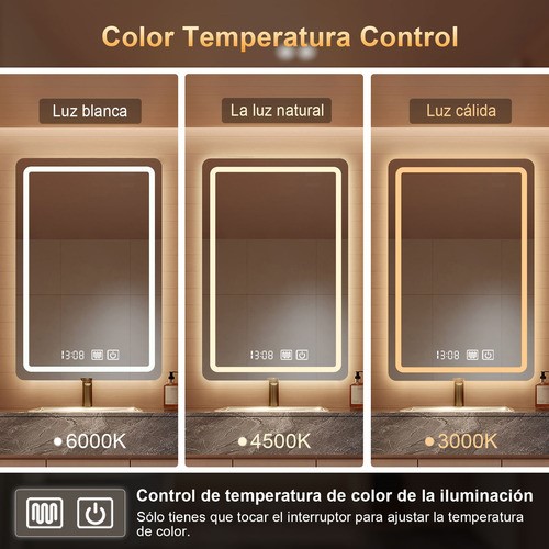 Espejo Led Baño Touch 3 Modo Con Función Antivaho 50 X 70 Cm