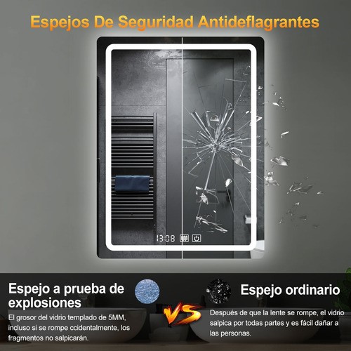 Espejo Led Baño Touch 3 Modo Con Función Antivaho 50 X 70 Cm