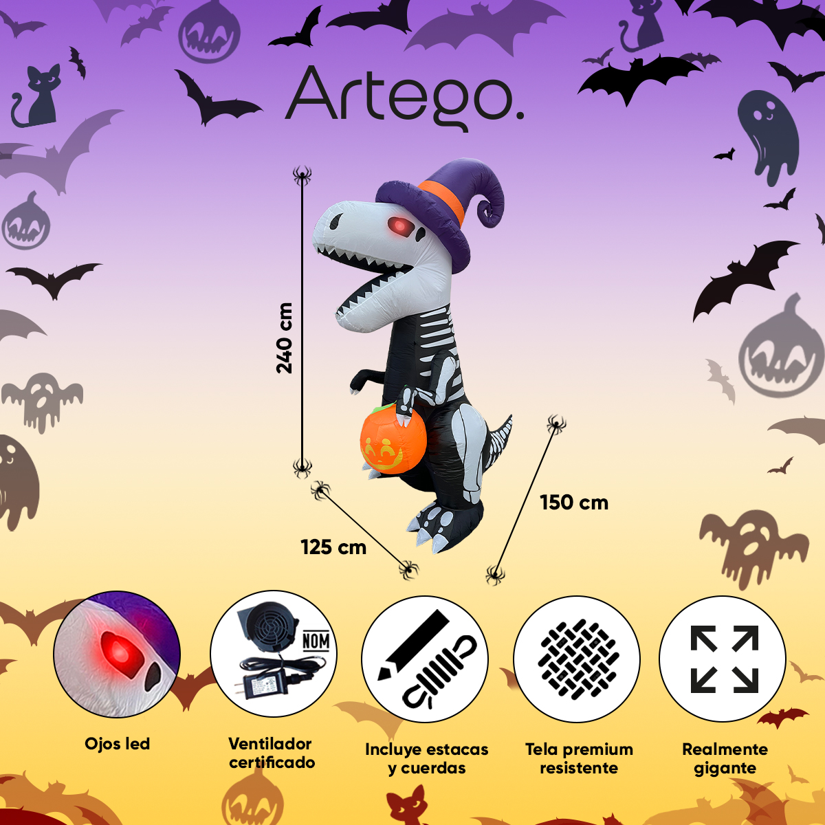 Inflable halloween dinosaurio t rex esqueleto con led en ojos 2.4m