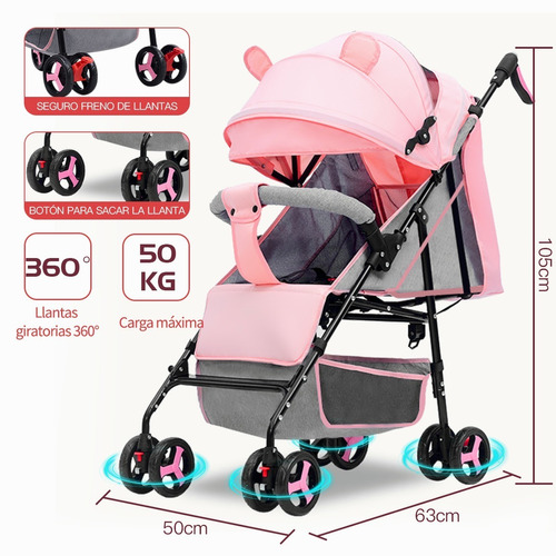 Carriola Para Bebés, Carreolas De Bastón Con Portabebe, Rosa