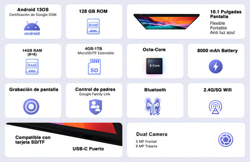2024 Tablet Goodtel G10 10.1 Tableta 128GB ROM Negra Y 14GB RAM TF 1TB Expansión Octacore 2.0Ghz WIFI 2.4G 5G Bluetooth 5.0 Certificación Google GMS Con Funda Mouse Teclado