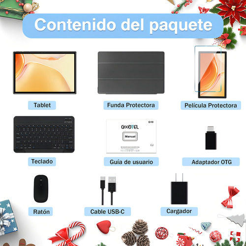 2024 Tablet Goodtel G10 10.1 Tableta 128GB ROM Negra Y 14GB RAM TF 1TB Expansión Octacore 2.0Ghz WIFI 2.4G 5G Bluetooth 5.0 Certificación Google GMS Con Funda Mouse Teclado
