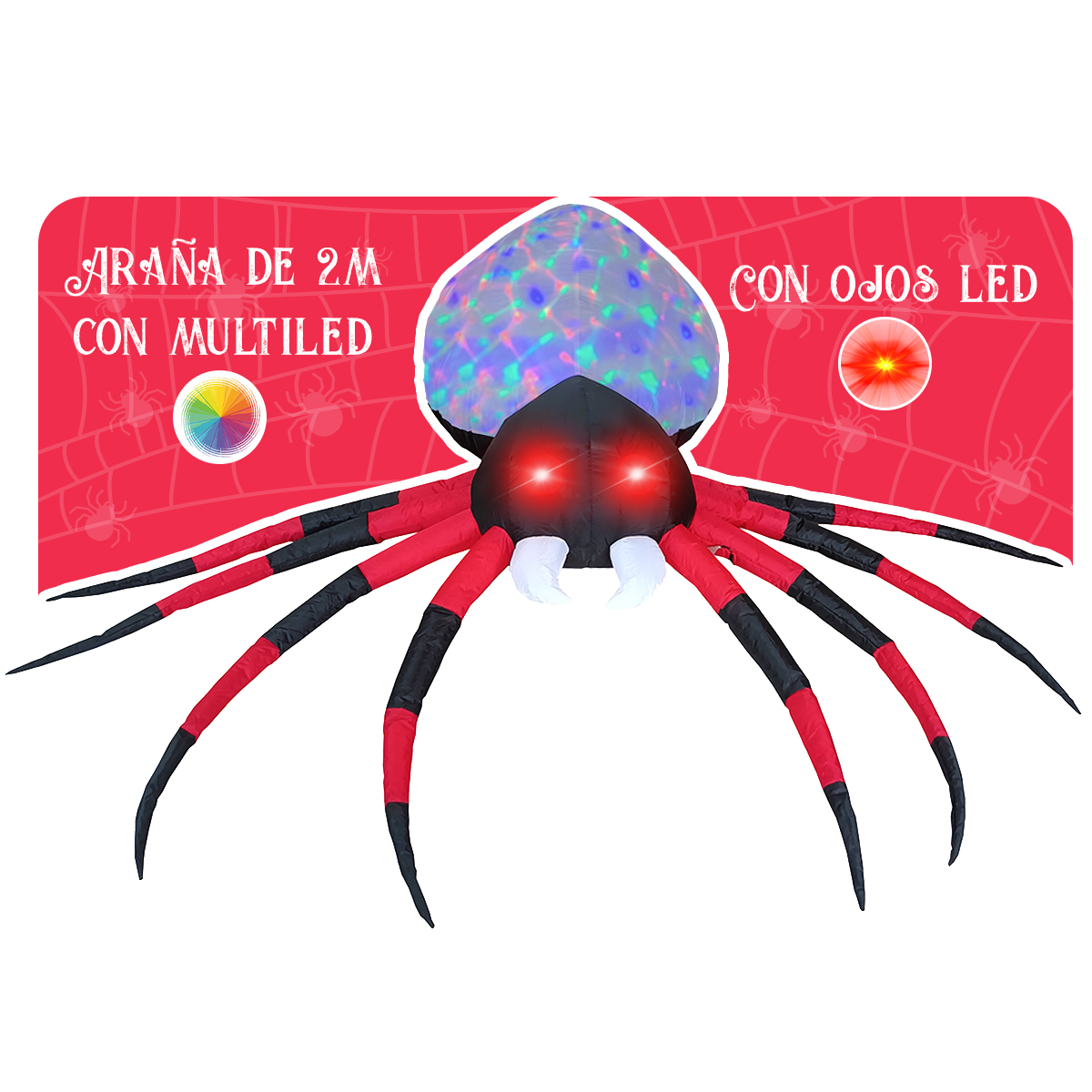 Inflable Halloween araña spider Roja ojos led + multiled - 2.2m