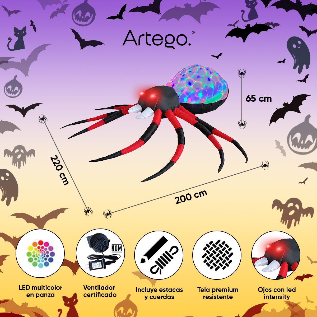 Inflable Halloween araña spider Roja ojos led + multiled - 2.2m
