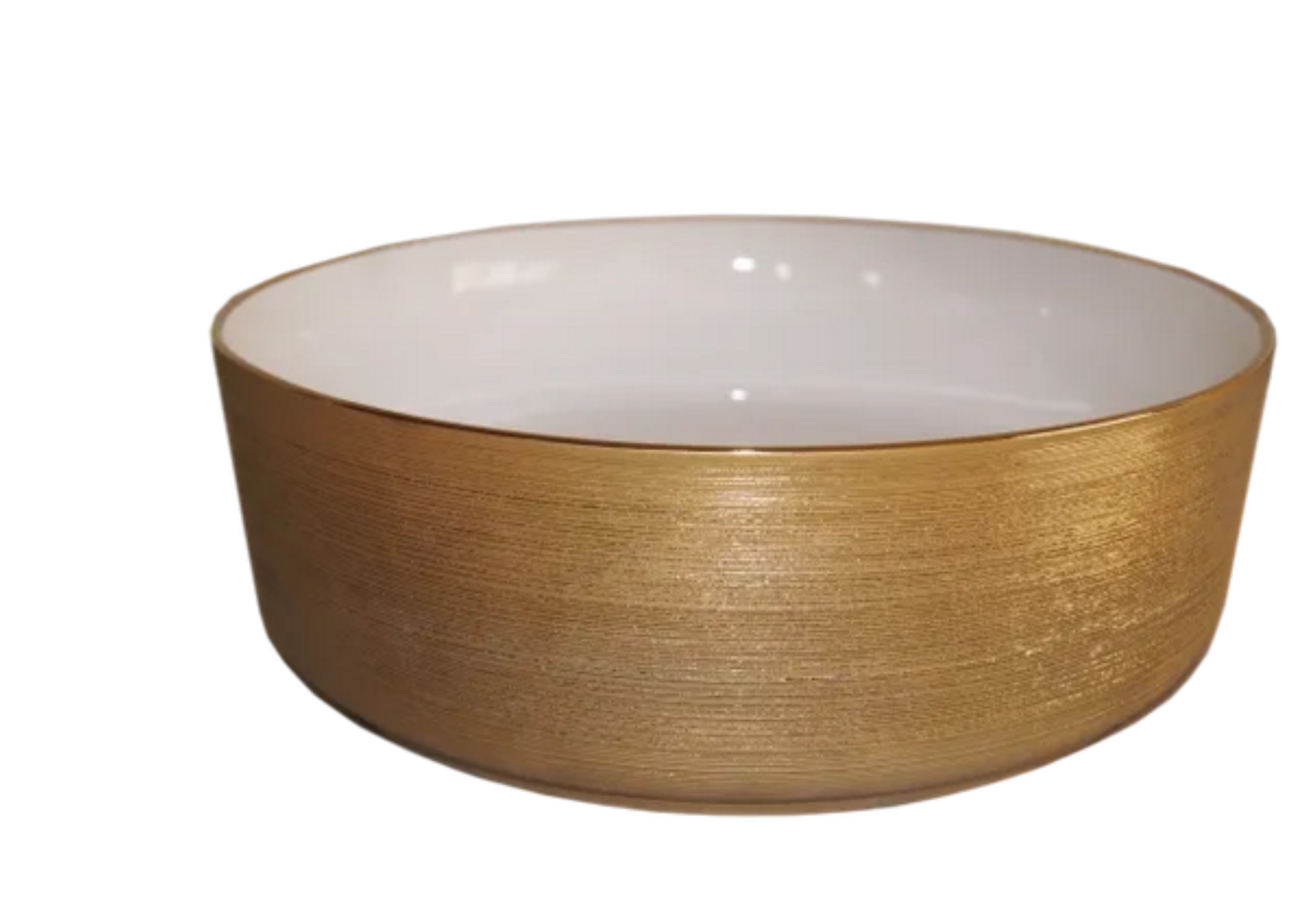 Lavabo Cerámico para Baño SAA, forma circular en color dorado con detalles en relieve metalizados. De sobreponer, con diseño europeo ideal para todo tipo de baños. Dimensiones 36.0 x 36.0 x 12.5 cms. (base x altura x profundidad)