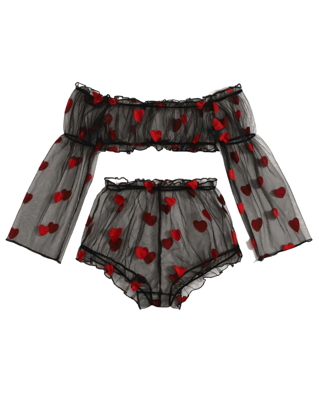 Pijama transparente de dos piezas con top y short con diseño de corazones para mujer