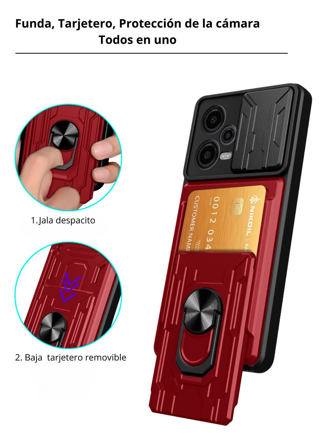 Funda con Anillo y Tarjetero Card Slot Bumper para Moto G34 Rojo