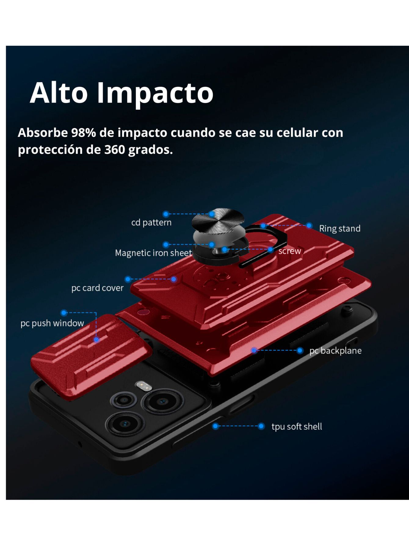 Funda con Anillo y Tarjetero Card Slot Bumper para Moto G34 Rojo