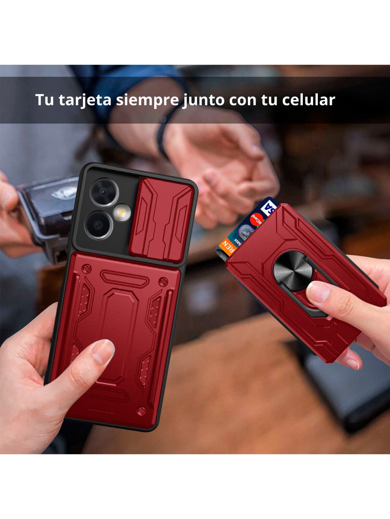 Funda con Anillo y Tarjetero Card Slot Bumper para Moto G34 Rojo