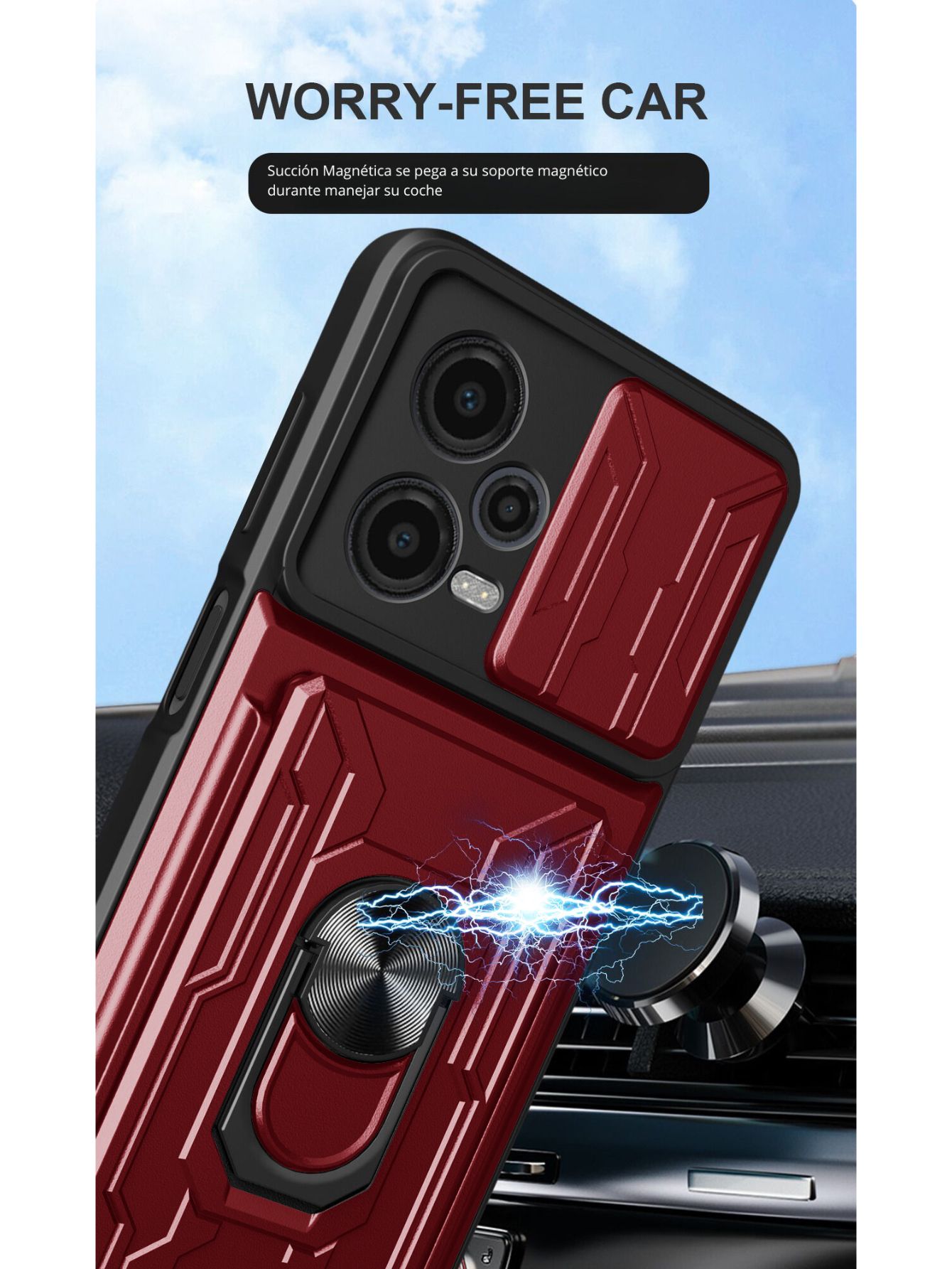 Funda con Anillo y Tarjetero Card Slot Bumper para Moto G34 Rojo