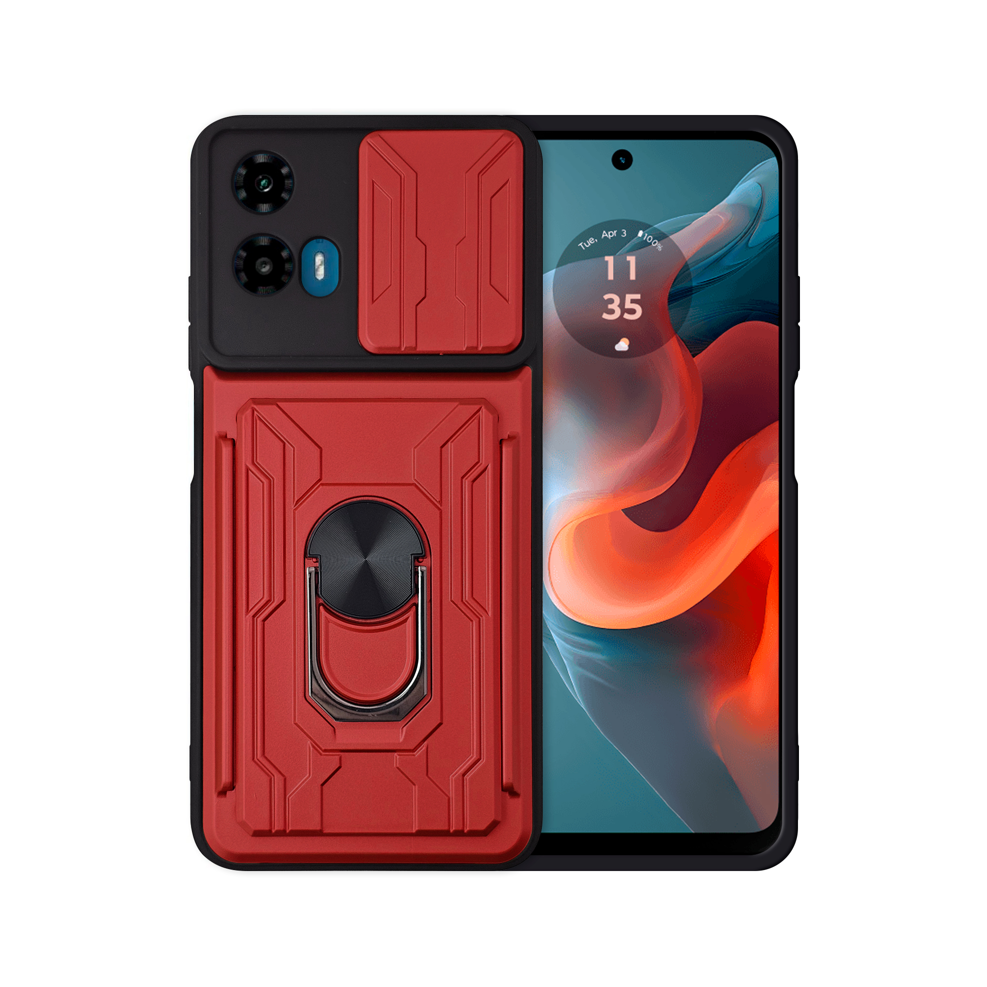 Funda con Anillo y Tarjetero Card Slot Bumper para Moto G34 Rojo