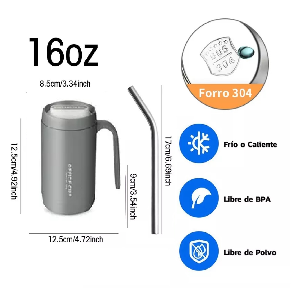 Taza De Café De Acero Inoxidable De 500ml Con Asa Gris