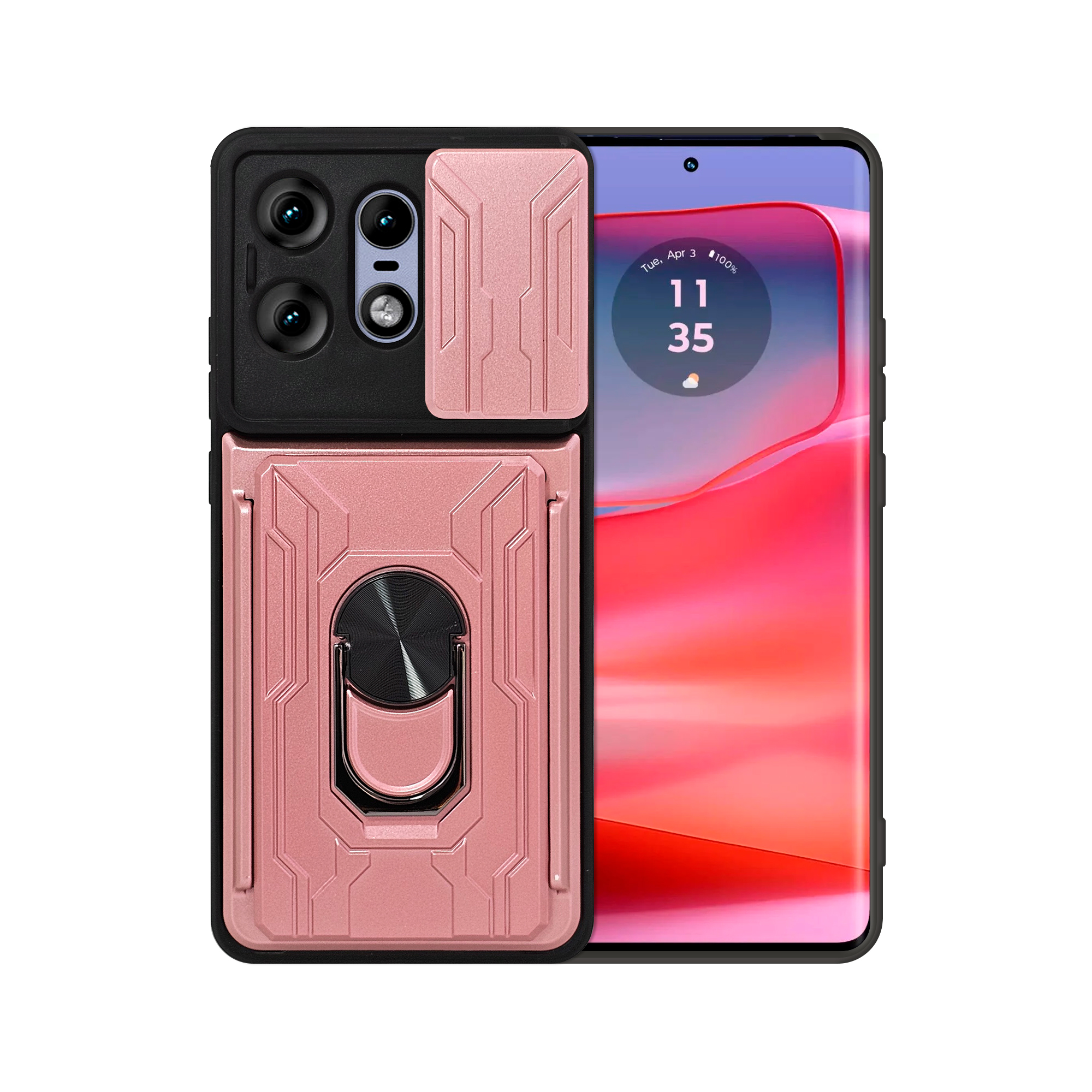 Funda con Anillo y Tarjetero Card Slot Bumper para Moto Edge 50 Pro Rosa