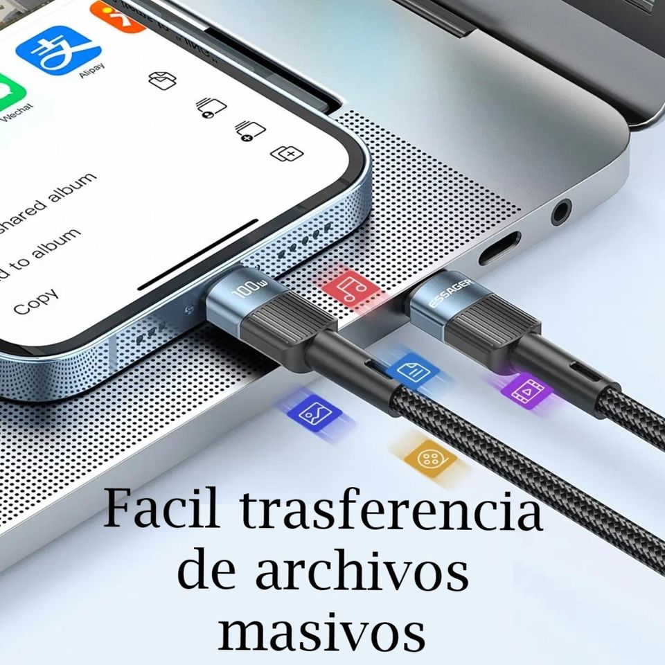 Cable telefono carga rápida Mac Samsung Xiaomi tipo C a C resistente negro 100w 1m tela uso rudo
