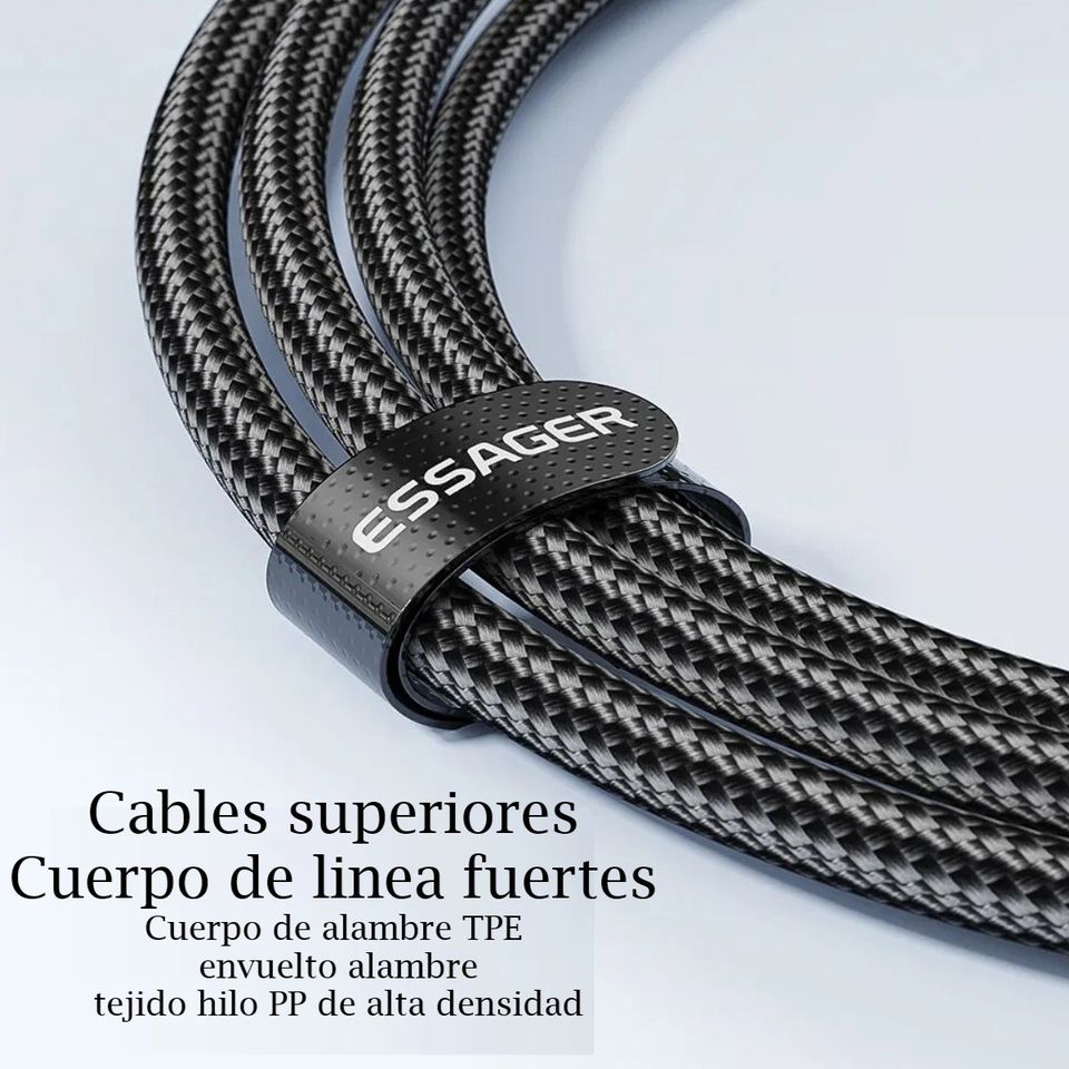 Cable telefono carga rápida Mac Samsung Xiaomi tipo C a C resistente negro 100w 1m tela uso rudo