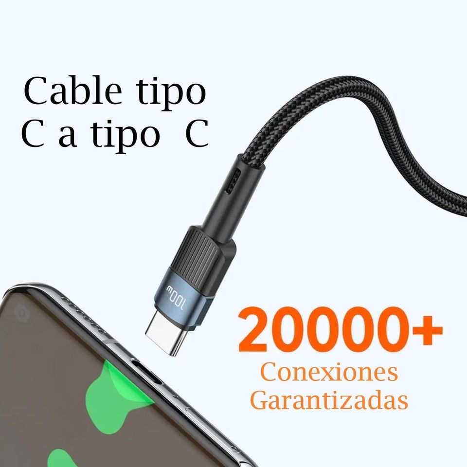 Cable telefono carga rápida Mac Samsung Xiaomi tipo C a C resistente negro 100w 1m tela uso rudo