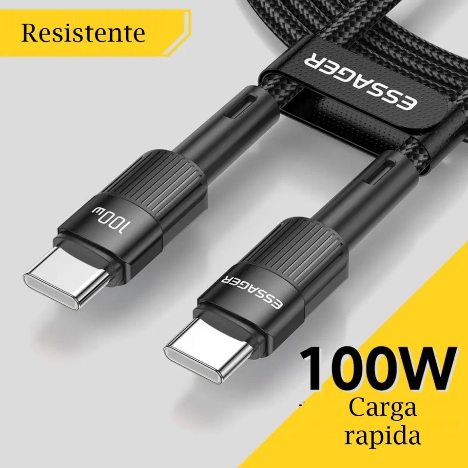 Cable telefono carga rápida Mac Samsung Xiaomi tipo C a C resistente negro 100w 1m tela uso rudo