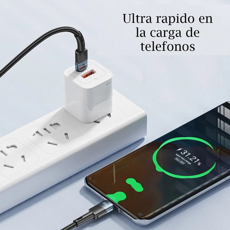 Cable telefono carga rápida Mac Samsung Xiaomi tipo C a C resistente negro 100w 1m tela uso rudo