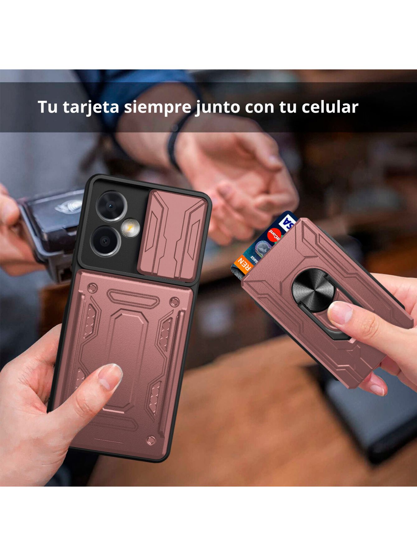 Funda con Anillo y Tarjetero Card Slot Bumper para Moto Edge 50 Pro Rosa