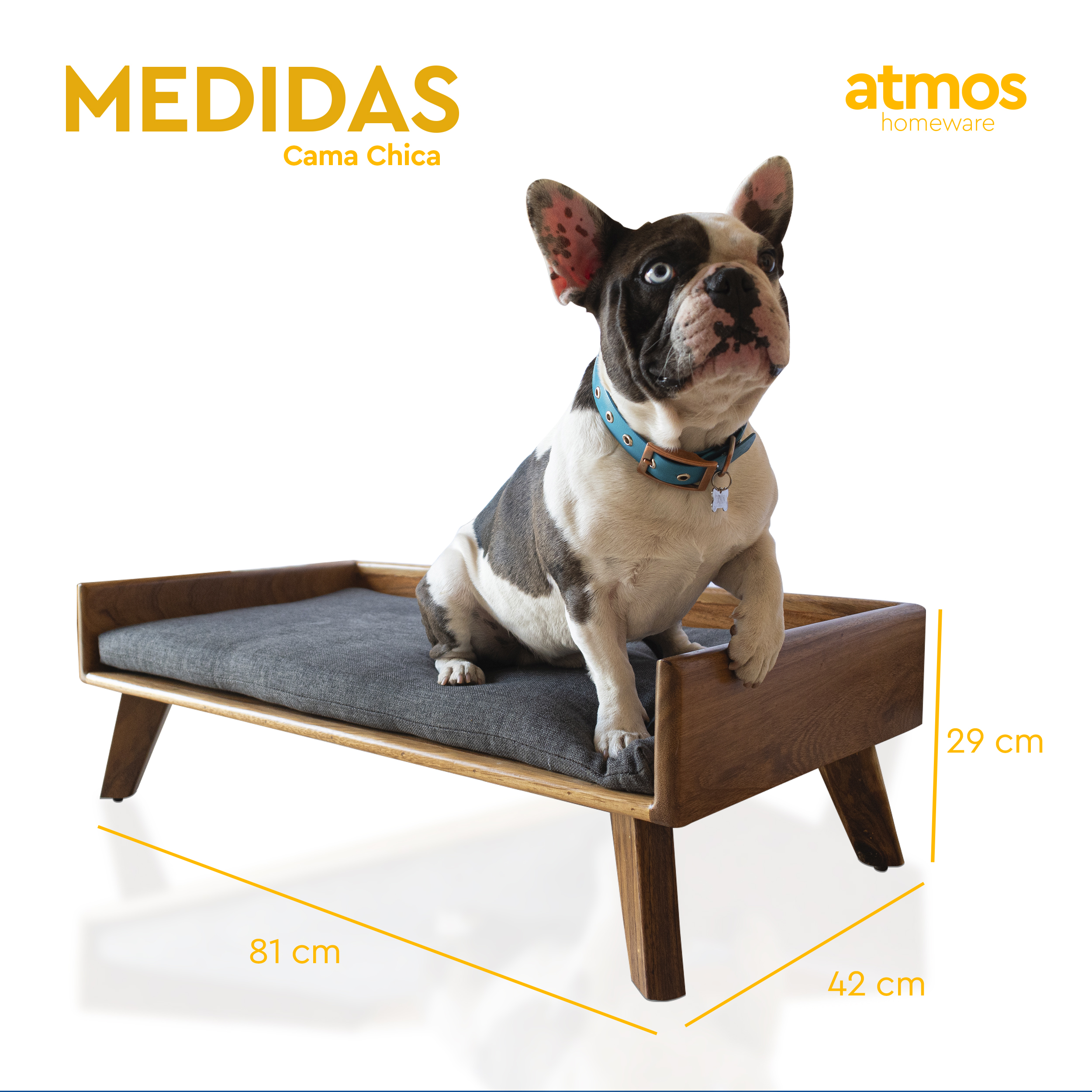 Cama para Perro | Fabricada en Madera de Parota Sólida | Cama con Cojín de Espuma de Poliuretano y Cubierta de Poliéster | Tamaño Chico | Cama Elevada