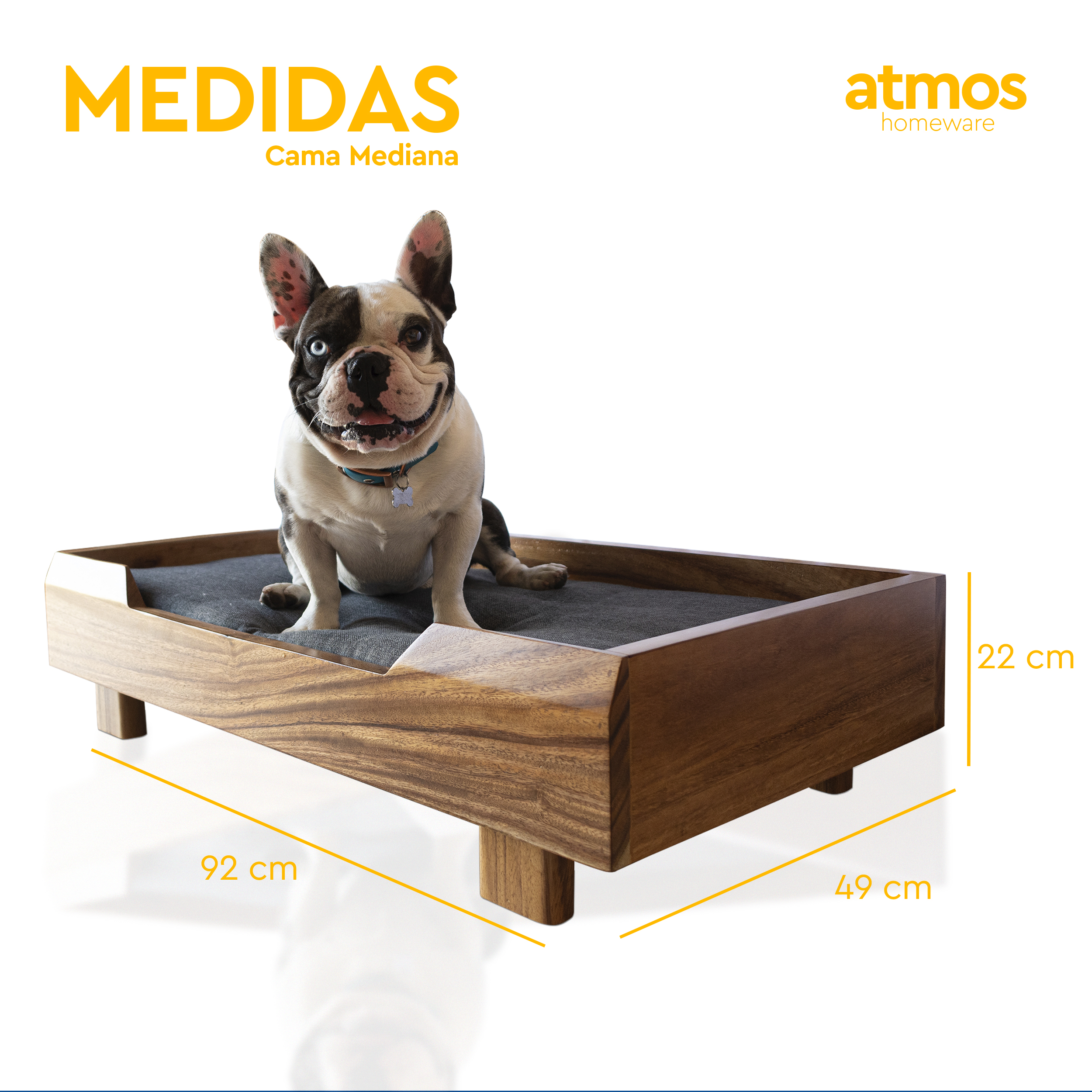 Cama para Perro | Fabricada en Madera de Parota Sólida | Cama con Cojín de Espuma de Poliuretano y Cubierta de Poliéster | Tamaño Mediano | Cama Elevada