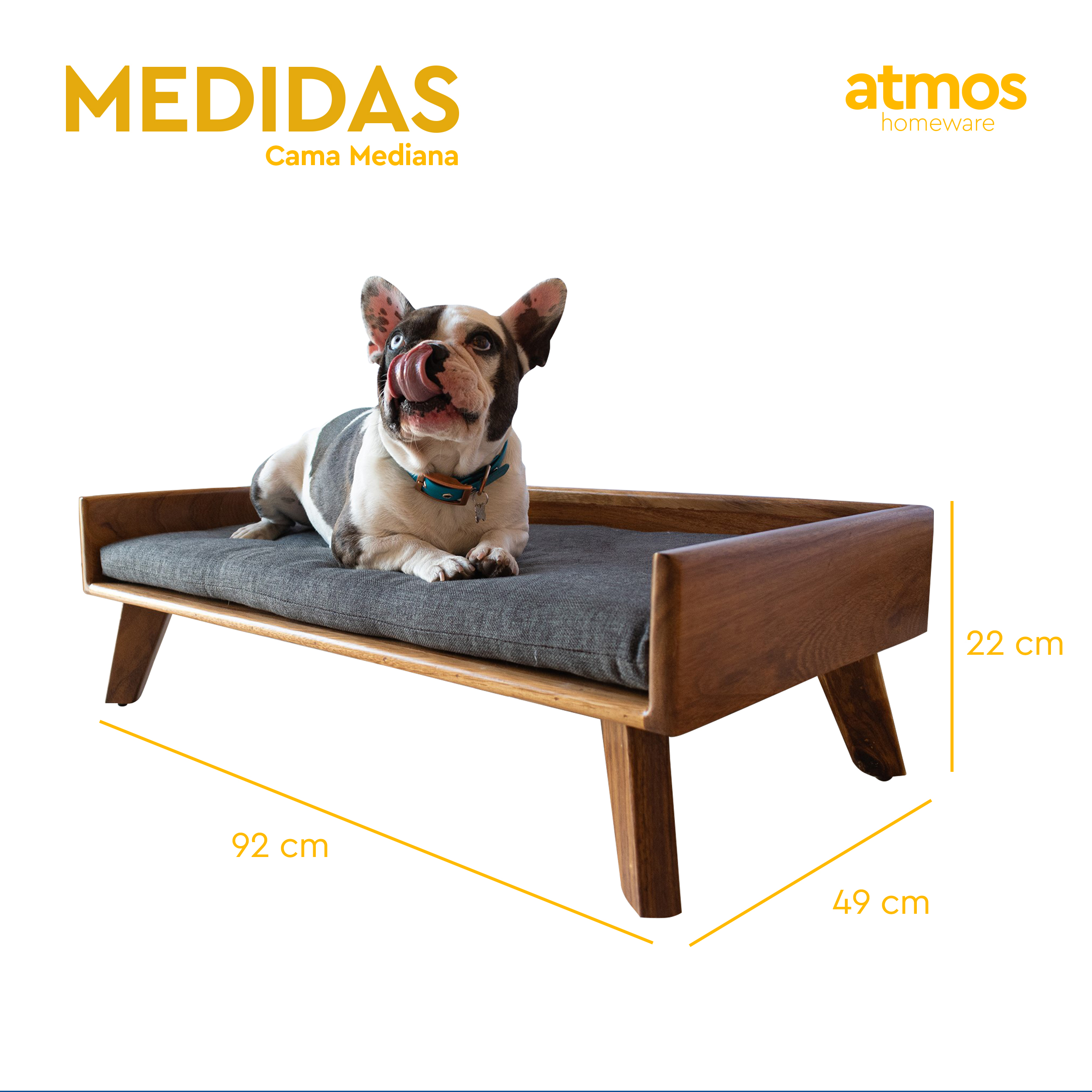 Cama para Perro | Fabricada en Madera de Parota Sólida | Cama con Cojín de Espuma de Poliuretano y Cubierta de Poliéster | Tamaño Mediano | Cama Elevada