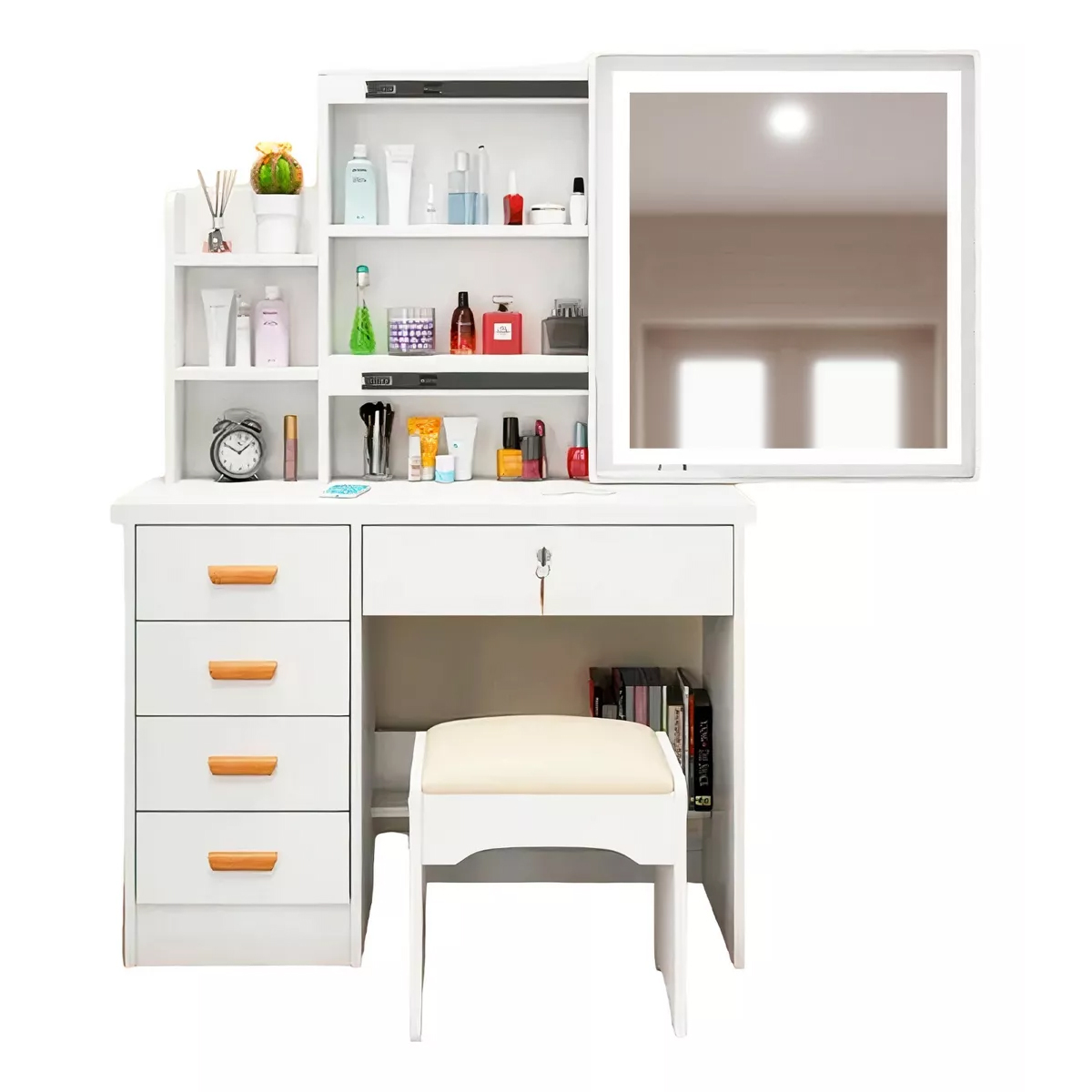 Buro Con Espejo Luz Led Vanity Taburet 5 Cajones Blanco