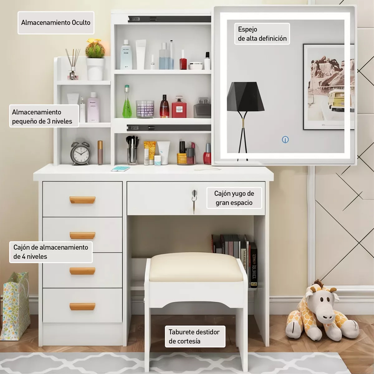 Buro Con Espejo Luz Led Vanity Taburet 5 Cajones Blanco