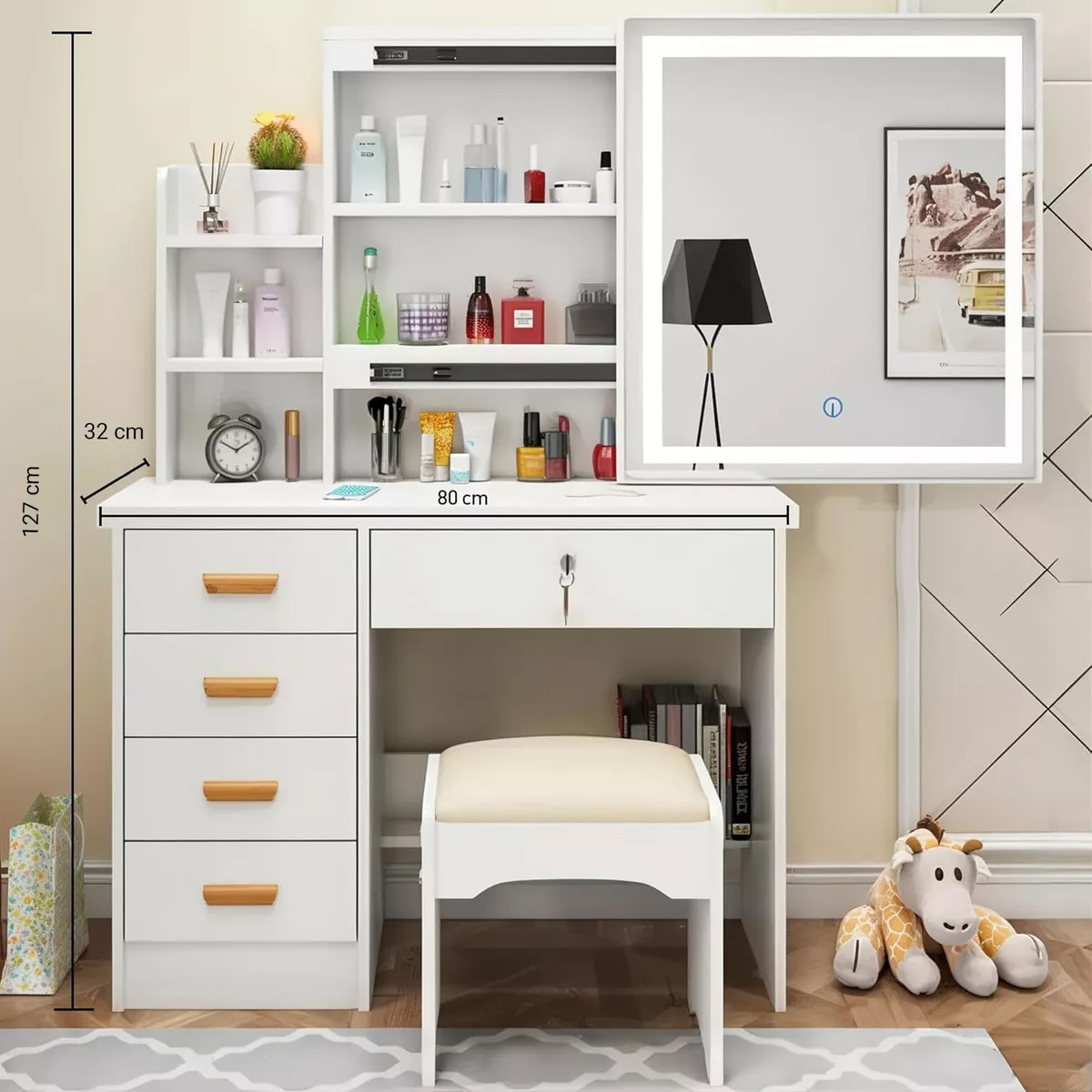 Buro Con Espejo Luz Led Vanity Taburet 5 Cajones Blanco