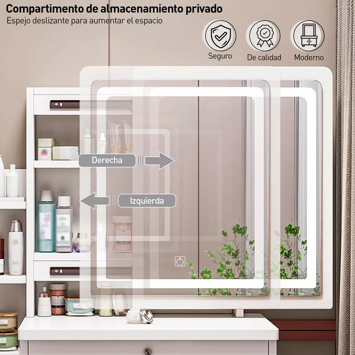 Buro Con Espejo Luz Led Vanity Taburet 5 Cajones Blanco