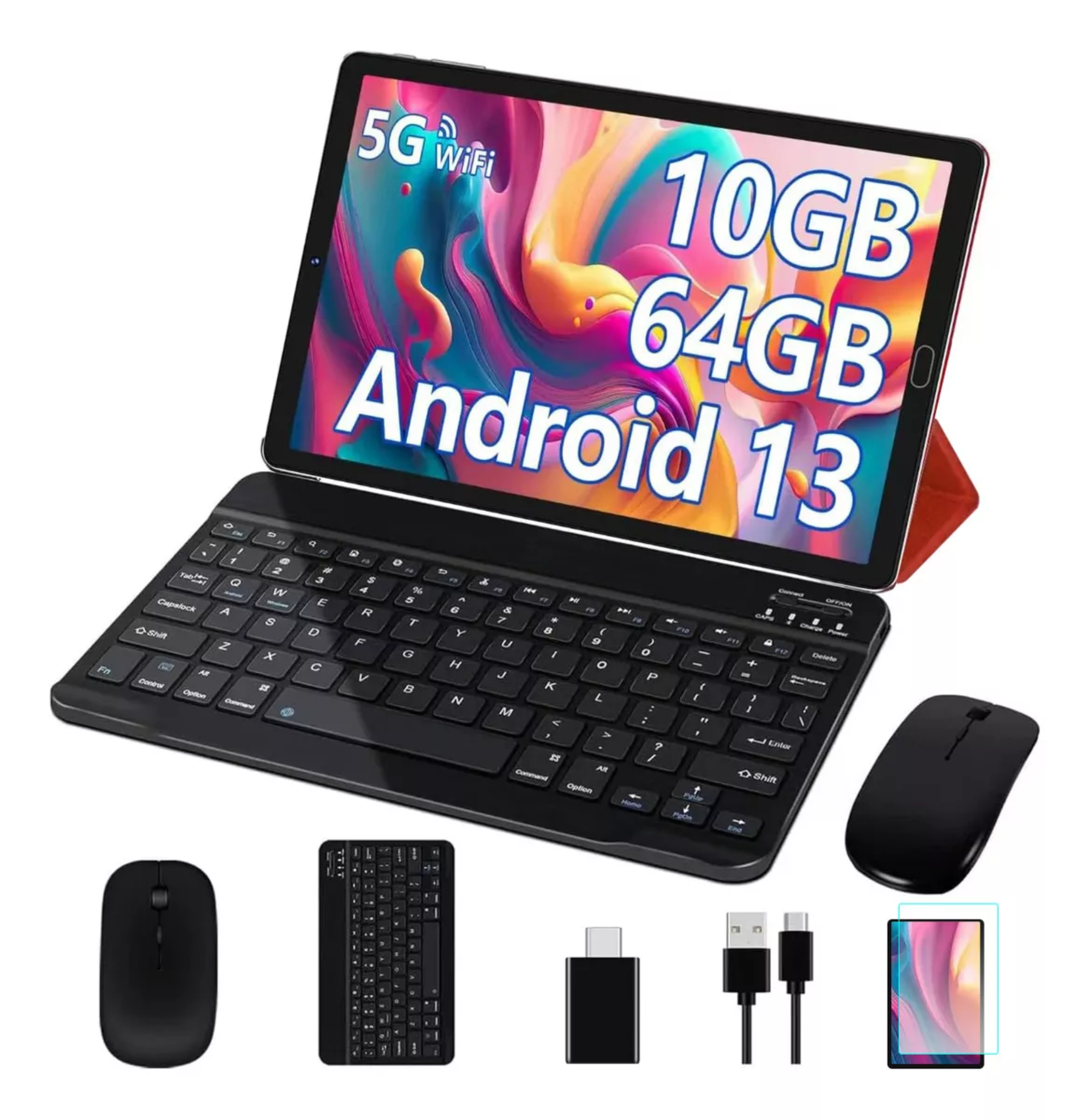 Tablet Goodtel Android 13 G2 10.1 pulg. Tableta Roja 10GB RAM 64GB ROM Octa core WIFI 2.4G 5G Bluetooth 5.0 Con Funda Teclado Y Ratón Rojo