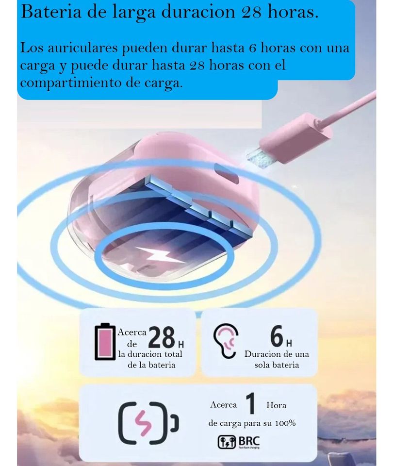 Audífonos auriculares inalámbricos blanco Bluetooth micrófono LED pantalla pantalla sonido luz