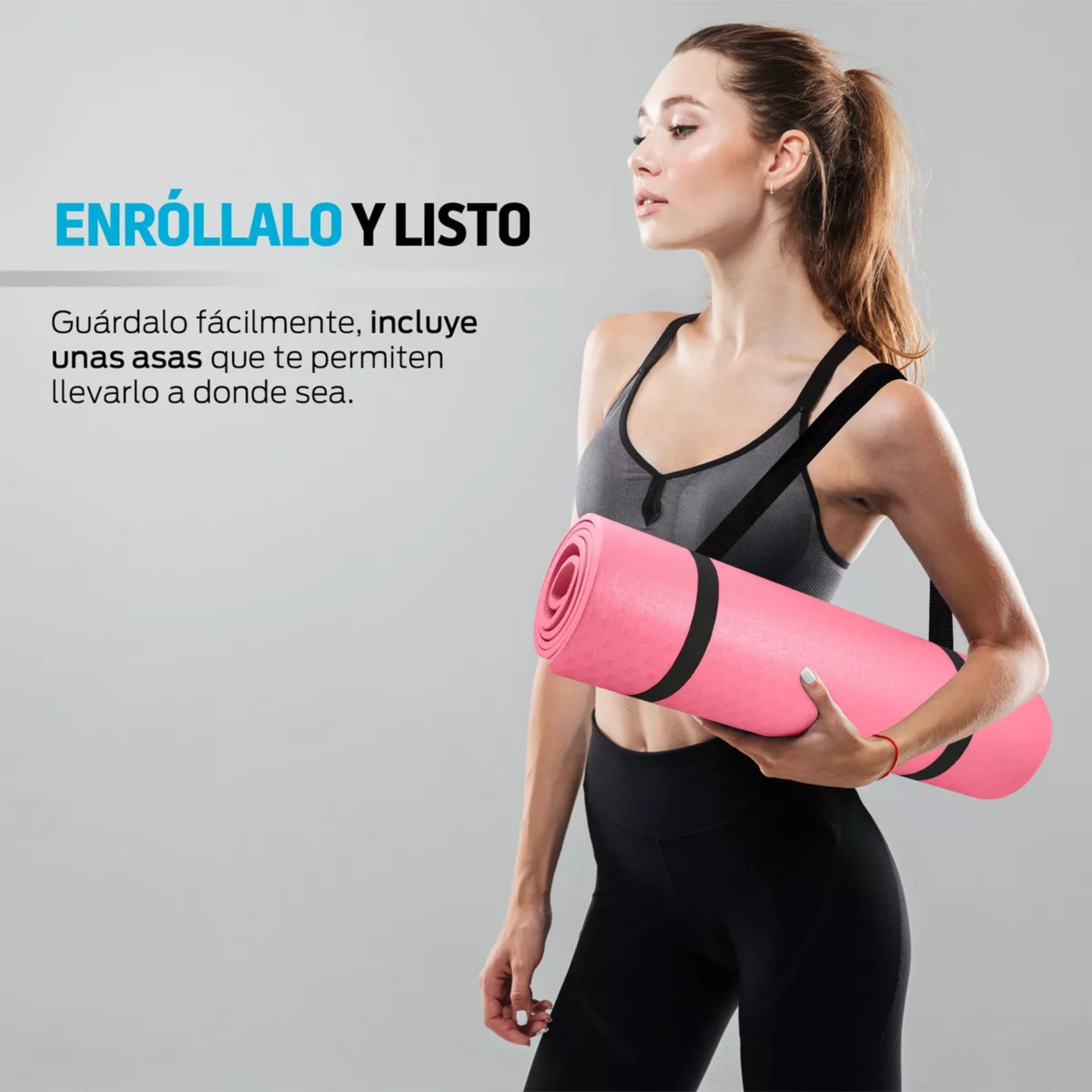 Tapete para yoga con correa para transportar, Yoga Mat de 9 mm de Grosor para Pilates, Ejercicio, Gimnasio, Resistente, Flexible y Portátil, Rosa, fácil de limpiar, enrollable