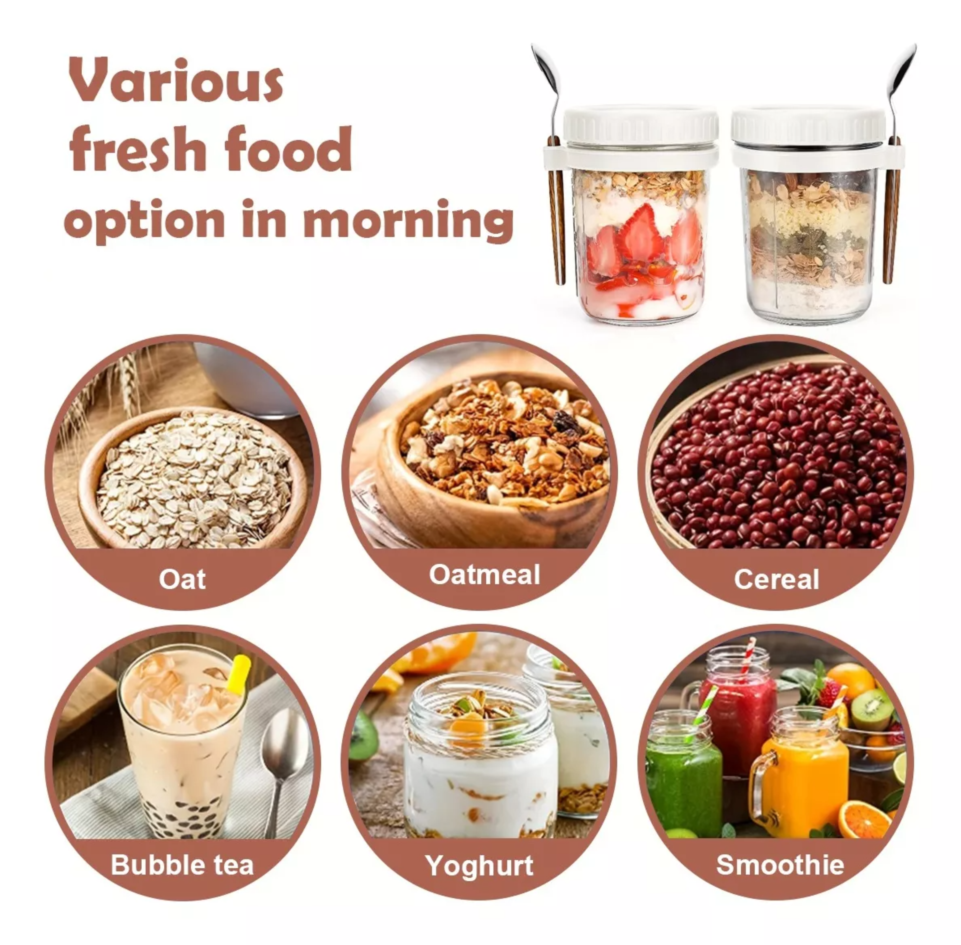 Taza De Desayuno, 2 Recipiente De Avena Con Tapa Y Cuchara