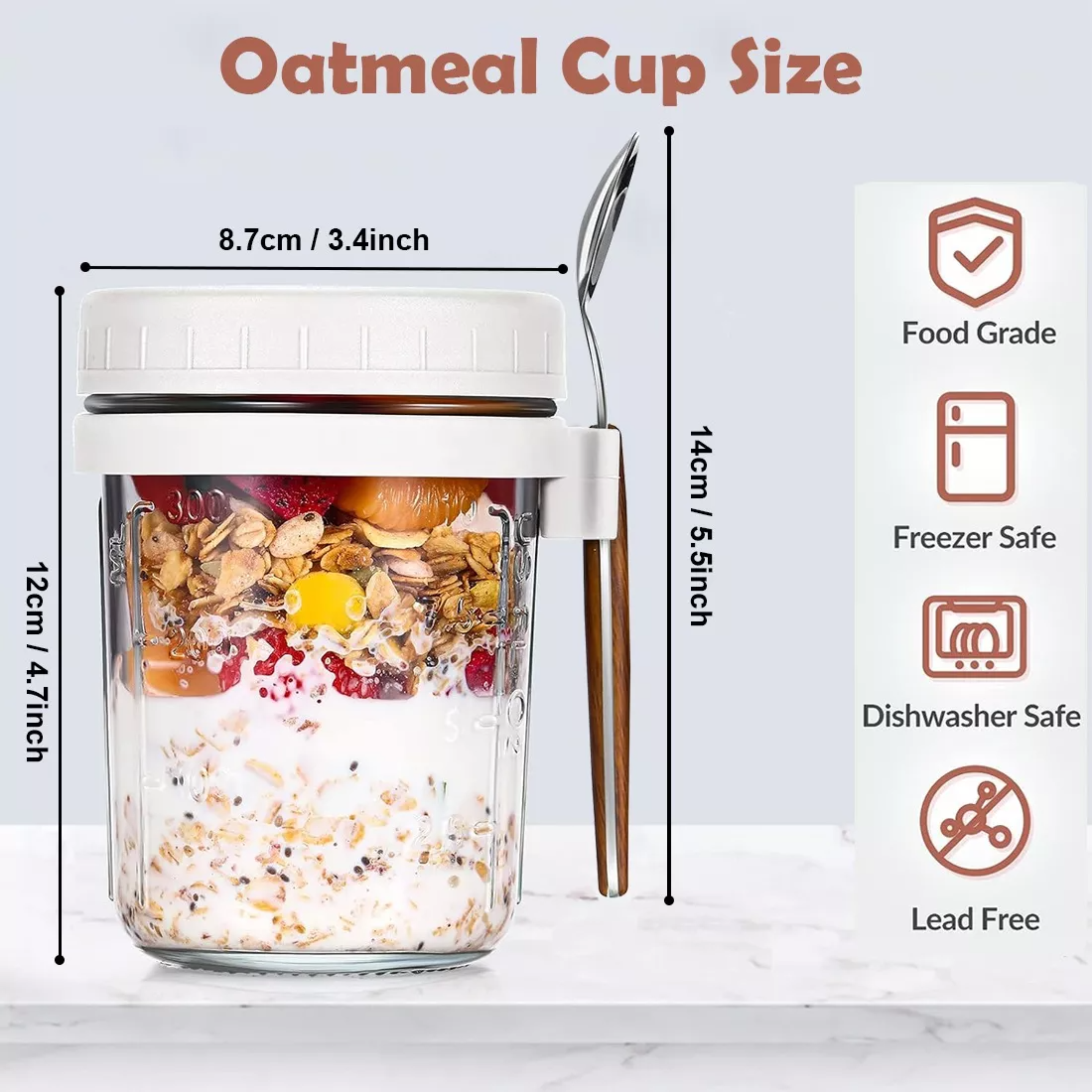 Taza De Desayuno, 2 Recipiente De Avena Con Tapa Y Cuchara